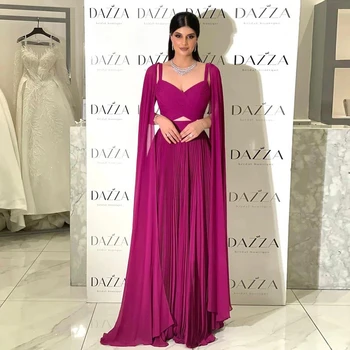 15625 # Элегантные арабские плиссированные шифоновые вечерние платья цвета фуксии в Дубае с рукавами-накидками Свадебные вечерние платья для женщин