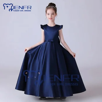 2023 Темно-синее платье для девочек A-LINE без рукавов до щиколотки с о-образным вырезом для вечеринок Официальные мероприятия Платья для цветочниц для свадеб