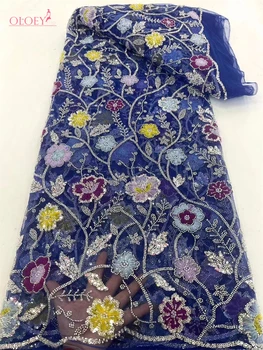 2024 Высококачественная роскошная вышивка Тяжелая кружевная ткань ручной работы из бисера Африканский с пайетками для свадебного платья