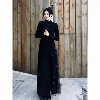 2024 осень новый китайский стиль женское восточное платье с длинным рукавом бархатное черное платье леди сексуальное тонкое платье cheongsam
