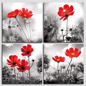 5D Сделай сам Алмазная живопись 4штНабор Черно-белое растение Красный цветок Цветок Абстрактная Роспись По Номерам Натюрморт Стена ArtZP-1879