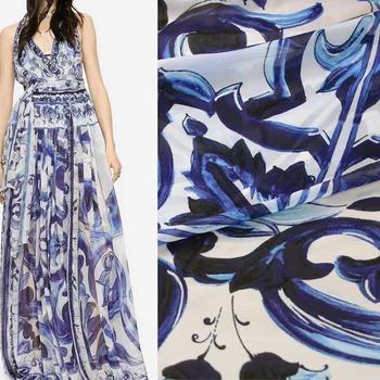60x145 см Синяя и белая фарфоровая печатная тонкая шифоновая ткань для женщин Платье Блузка Брюки Tuch Tela Tessuto DIY Ткань Шитье