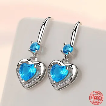925 Стерлинговое серебро Синий Кристалл Сердце Дроп Серьги Для Женщин Модные Ювелирные Изделия Подарок