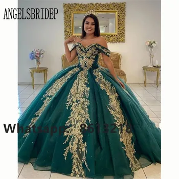 Angelsbridep Изумрудно-зеленое бальное платье с открытыми плечами Quinceanera Платья Sweet 16 Princess Аппликации Вечерние платья Vestido De 15 Anos