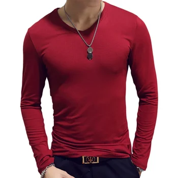B9156 Мужская футболка с V-образным вырезом и длинным рукавом Однотонная молочная шелковая футболка Мужская одежда Всематчевая тонкая топ