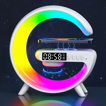 Big G Bluetooth Динамик Будильник Беспроводное зарядное устройство Светодиодная луна Свет Музыка Домашний декор Прикроватная тумбочка Умный свет Подарок Звуковые часы