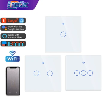 Bingoelec TUYA WiFi Smart Touch Switch 1/2/3/4 Gang Light Wall Беспроводные дистанционные переключатели Умный дом работает с Smart Life Alexa