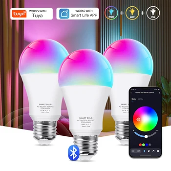 Bluetooth 4.0 Умная светодиодная лампа Tuya Лампы накаливания AC85-265V Лампа прожектора с регулируемой яркостью 15 Вт E27 RGB + CW + WW Светодиодная лампа изменения цвета для дома