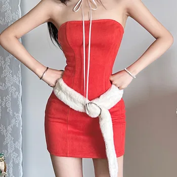 CINESSD Рождественский красный пояс Новое женское платье 2024 Весна Однотонный Slim Fit Corset Элегантный Одна линия Шея Вечеринка WS1066