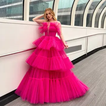 Couture Ярко-розовые длинные выпускные платья для вечеринок ручной работы Многоуровневый тюль без бретелек Пушистое вечернее платье Вечернее платье vestidos de noche