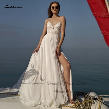 Lakshmigown Vestido Princesa Beach Свадебное платье с боковым разрезом Сексуальные длинные свадебные платья из шифона Кружевные бретели из бисера 2023