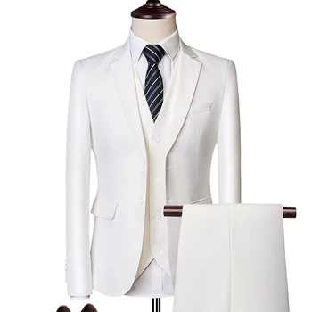 Lansboter Белый мужской костюм Новый однотонный приталенный 3шт Бутик Джентльмен Классическая деловая мода Одежда Пальто Жилет С Брюками