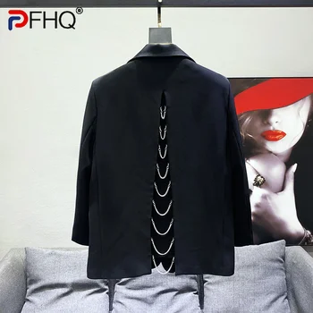 PFHQ Однотонный Длинный рукав для мужчин Плиссированные полые Причинно-следственные корейские пиджаки Однобортное мужское пальто 2023 Осень Новинка 21F3408