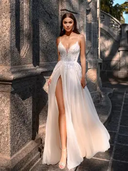 Princess A Line Свадебные платья с разрезом Женщины 2023 Тюль Свадебное платье Кружева Аппликации Спагетти Бретели Boho Vestidos De Novia
