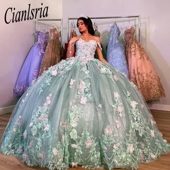 Quinceanera Платья 2023 Аппликация из хрустальных цветов Princess Vestidos De 15 Años Шнуровка