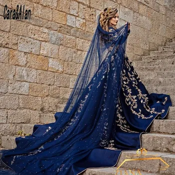 robe de soirée de mariage темно-синий кафтан вечерние платья для женщин с длинными рукавами кружевная аппликация выпускные платья свадебная вечеринка одежда