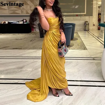 Sevintage Modest Arabia Gold Mermaid Выпускные платья Спагетти на бретелях Плиссированные платья до щиколотки Платья для вечеринок vestidos de graduación 2024