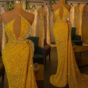 SuperKimJo Желтые блестящие вечерние платья 2023 Vestidos de Fiesta Блестящие бисерные платья для торжественных случаев Robe Femme Soiree 2024