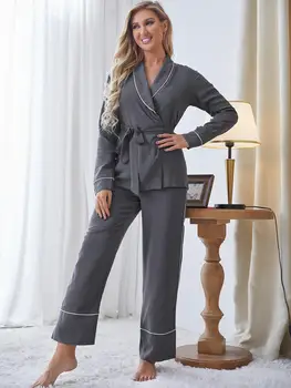  Wrap V-образный вырез Пижамный комплект Поясной ремень Женщины Твердый топ с полными рукавами и длинные брюки Пижамы 2 шт. Женское ночное белье Homwear Ткань