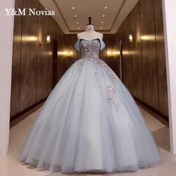 Y&M Novias Real Video Gillter Quinceanera Платья с открытыми плечами Sweet 15 Girls Princess Plus Size Синее бальное платье Выпускное платье
