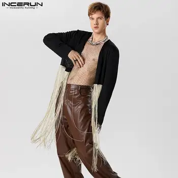 американский стиль Новая мужская мода Укороченный пиджак с кисточками в стиле пэчворк Повседневные уличные костюмные куртки с длинными рукавами Топы S-5XL INCERUN 2023