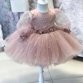 Атласное пышное платье для девушки с цветком для свадьбы розовый тюль жемчуг с пером малыш первое причастие день рождения выпускной бал платье