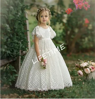 Белый кружевной цветочный платье для девочки Платье принцессы для свадеб Кружевное платье для первого причастия Платье для особого случая