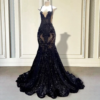 Блестящее длинное выпускное платье с пайетками Черная русалка 2023 Сексуальные бисерные прозрачные сетчатые платья для девочек для выпускного вечера