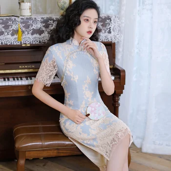  Боковой разрез Cheongsam Ретро Мандариновый воротник Платье Полное кружево Китайский стиль Qipao Платья Цветочный принт Vestidos с бусинами