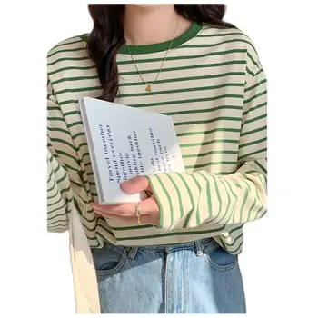 Весенние и осенние женские футболки Модный полосатый хлопковый пуловер с круглым вырезом Корейский винтаж со свободным рукавом Зеленое пальто 2023 Новинка