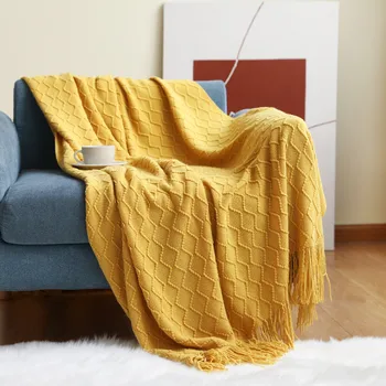  Винтажный желтый диван Фермерский дом Плед Тканое хлопковое вязаное одеяло 51 x 63 дюйма Бросок Одеяло Синий Верблюжий серый цвет