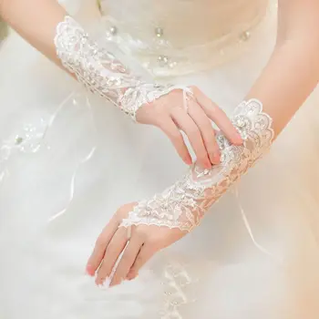 Высокое качество Модная невеста Свадьба Короткие перчатки Бусины Горный хрусталь Перчатки без пальцев Кружево