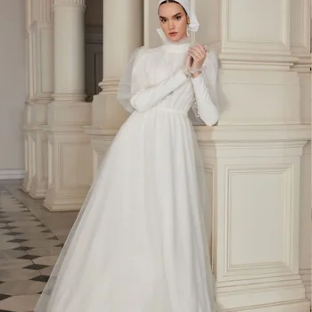 Высококачественные мусульманские свадебные платья с драпировкой 2023 года Новый дизайн Длина до пола с длинным рукавом и высоким воротником халат de mariée