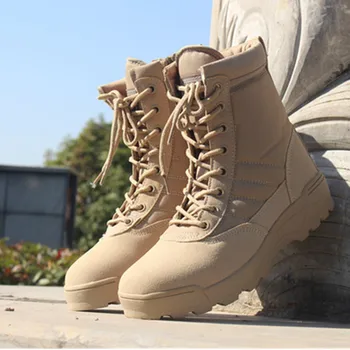 Горячая мода Мужские сапоги Зимние Наружные Кожаные Военные Ботинки Дышащие Армейские Боевые Ботинки Плюс Размер Пустынные Ботинки Мужчины Походная Обувь