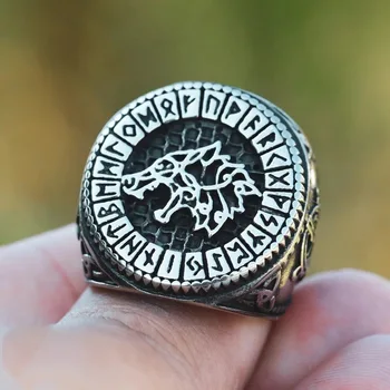 Горячий новый скандинавский викинг, голодный волк, кольцо Фенрира, черное руническое кольцо