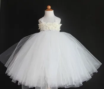 Девочки Белое кружевное свадебное платье Детские пушистые вязаные крючком цветочные пачки Бальное платье с бретелями и повязкой на голову Детское свадебное платье