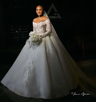 Длинные рукава Африканские свадебные платья А-силуэт Прозрачные аппликации Кружево Aso Ebi Женские свадебные платья для чернокожих девушек