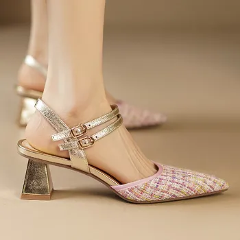 Женская натуральная кожа ткань пэчворк толщиной 4,5 см мед каблук острый носок ремешок на щиколотке сандалии элегантное женское летнее платье туфли-лодочки