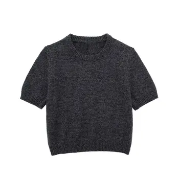 Женская осень 2023 Мода Изысканный вязаный свитер с короткими рукавами Ретро Короткий женский пуловер с круглым вырезом Шикарный топ