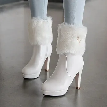 Женщины Мода Высокое Качество Белый Плюс Размер Зима Теплый Мех Сапоги Шпилька Леди Повседневная Черная Комфортная Обувь Botas Femininas C677
