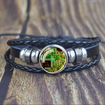  Компьютерная печатная плата Мужчины Черный кожаный браслет Geek Подарок Snap Кнопка Плетеный браслет