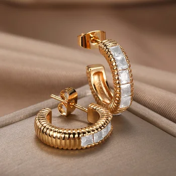 Корейская мода C-образные серьги-кольца из циркона для женщин Геометрические серьги-гвоздики Роскошные элегантные ювелирные изделия для вечеринки Подарок