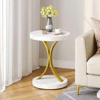 Круглые торцевые столы DEXTRUS, современный круглый приставной столик из золота со столешницей из искусственного мрамора и золотой металлической рамой, небольшой торцевой столик