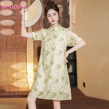летнее новое свободное шифоновое платье с коротким рукавом Cheongsam Modern Improved Printed Cheongsam Традиционное китайское платье в стиле ретро с цветочным принтом qipao