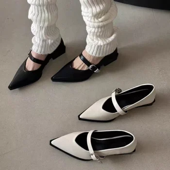 Летняя женская обувь 2023 Новые остроконечные толстые каблуки для женщин Кожаная обувь с пряжкой в стиле ретро для женщин Zapatos De Mujer