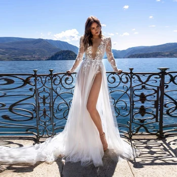 Мода 3D Цветы Кружевное Свадебное Платье См. Через V-образный вырез Полные рукава Свадебные платья Сетка с высоким разрезом Длинные свадебные платья для вечеринок