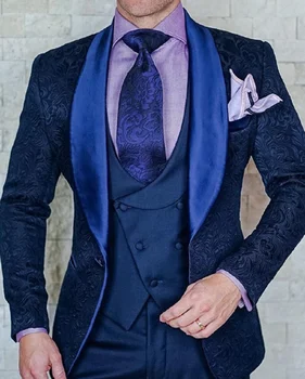 Мужской свадебный костюм Итальянский дизайн Изготовленный на заказ темно-синий смокинг Куртка 3 шт. Жених Терно Костюм для мужчин