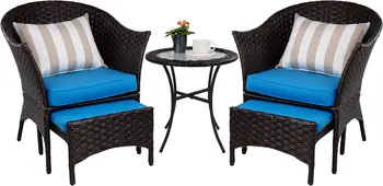 Набор для бесед во внутреннем дворике Уличная плетеная мебель с 2 стульями для крыльца и двора, синий/красный/бежевый