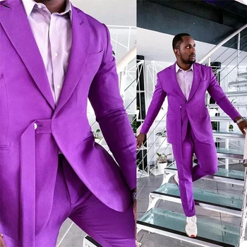  новейший дизайн фиолетовый мужской костюм с поясом костюм Homme Wedding Prom Terno Masculino Slim Groom Tuxedos Blazer 2 шт. Куртка + брюки