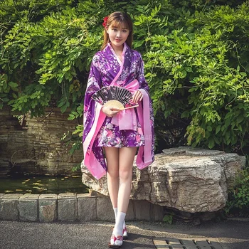 Новое платье-кимоно Девушка Японский принт Лук Девушка Цветочный Сексуальный Аниме Ролевой Костюм